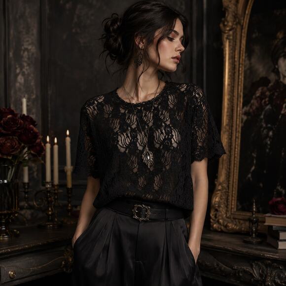 None Tops - Sheer Black Lace Dark Romantic Womens Top Sz XL WhimsGoth Victorian Coquette